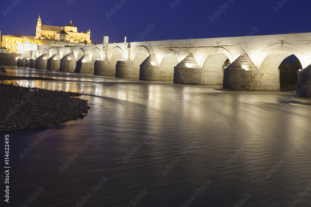 Roman monument bridge, illuminated at night in Cordoba - Andalusia, Spain