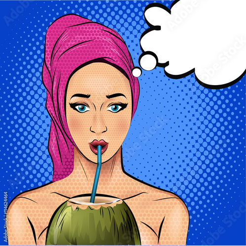 Beautiful woman in the sauna towel on head drinking coconut cocktail. Pop art style illustration
