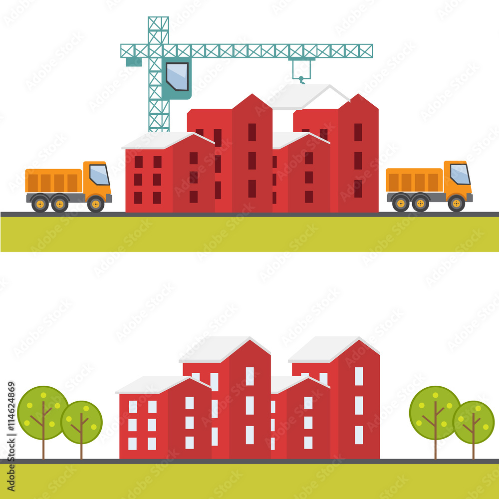 Construction web site, building a house - vector flat illustration