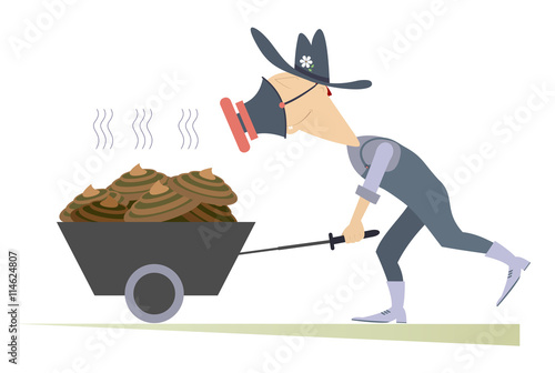 Organic manure. Man in the gas mask wheels a trolley with manure
