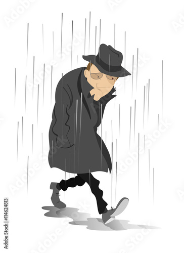 Rainy day and the man in low spirits. Sad man is walking on puddles under the rain 
