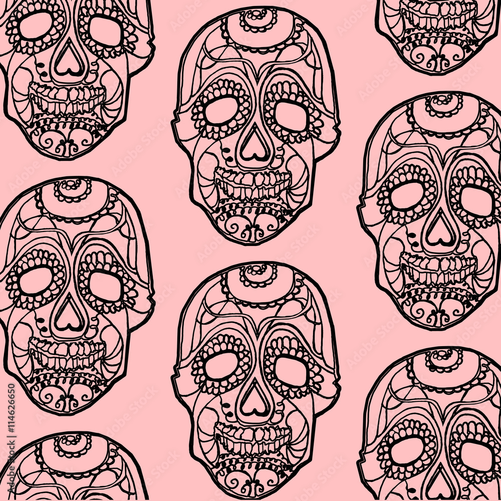 Seamless pink and black background with skullsSeamless pink and black background with skulls