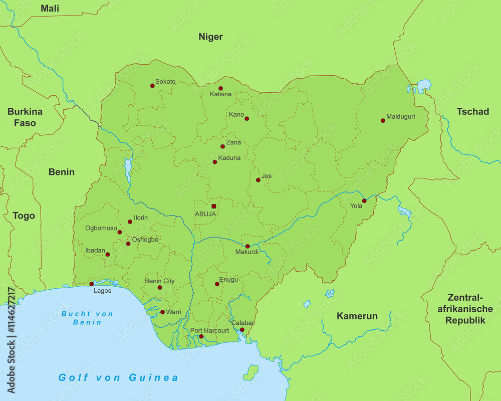 Obraz premium Karte von Nigeria - Grün (detailliert)
