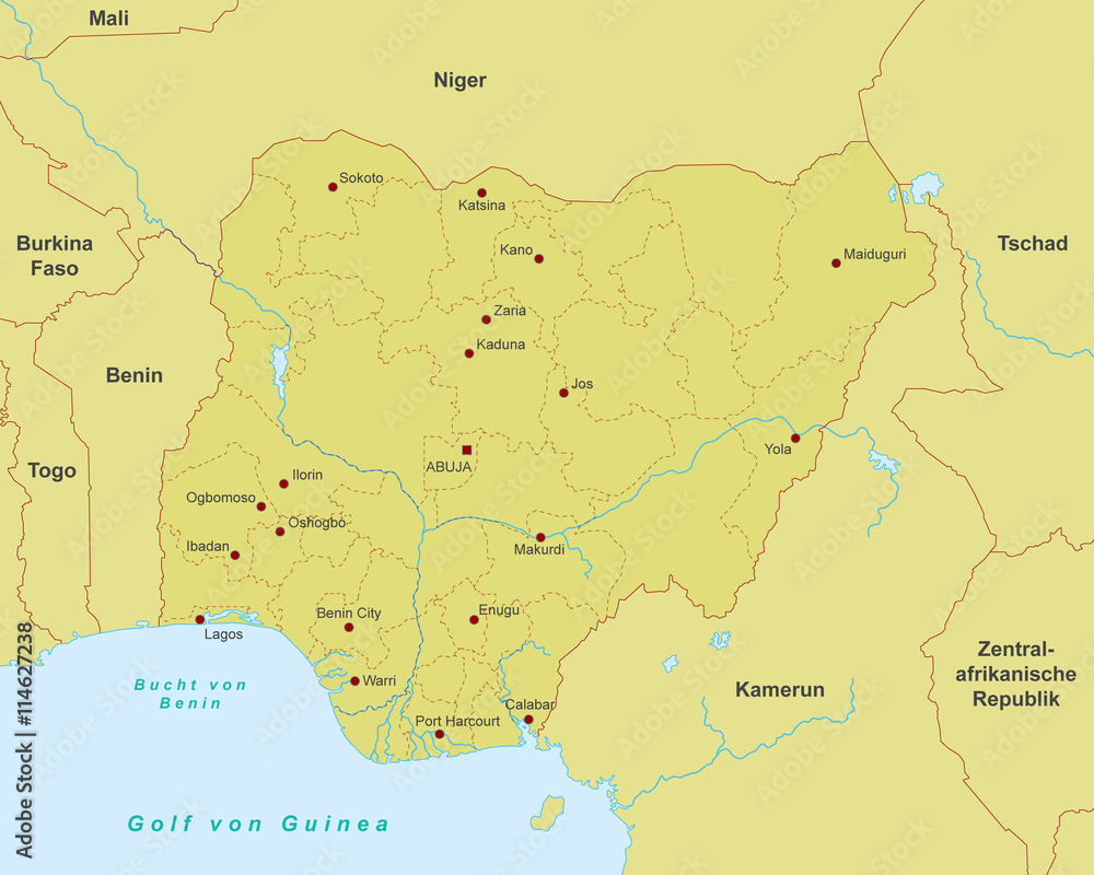 Karte von Nigeria - Orange (detailliert)