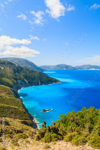 Blue sea and mountains on coast of Kefalonia island near Assos town  Greece