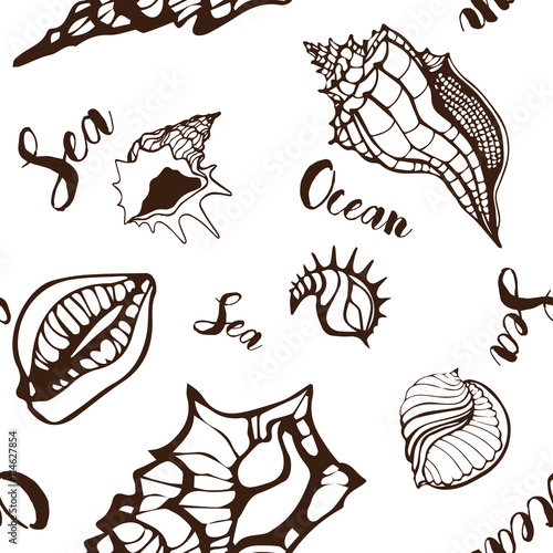 Sea shells monochrome seamless pattern. Sea background. Vector illustration