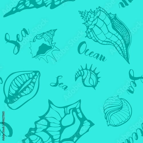 Sea shells monochrome seamless pattern. Sea background. Vector illustration