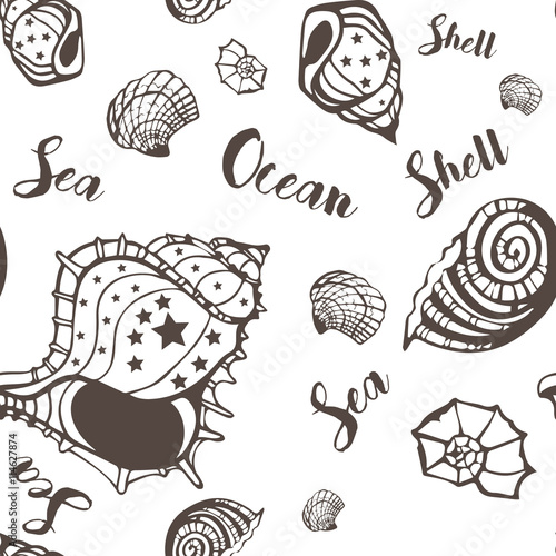 Sea shells monochrome seamless pattern. Sea background. Vector illustration