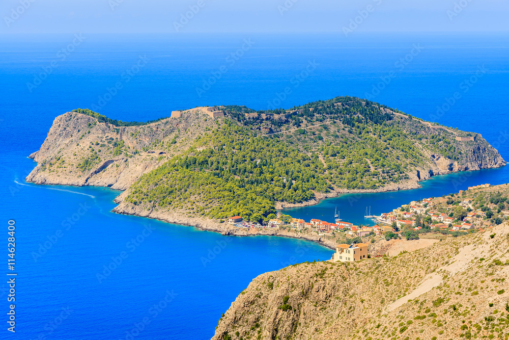 View of Assos village and sea from high cliff, Kefalonia island, Greece