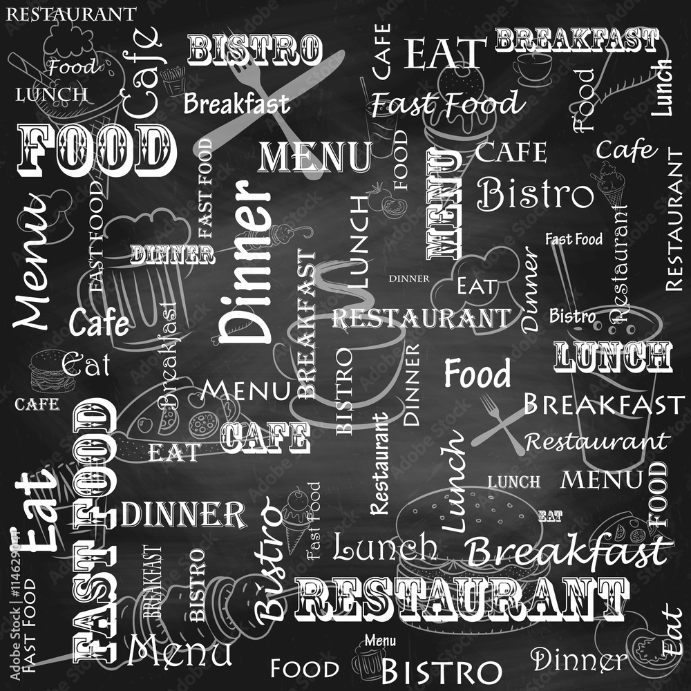 A set of food for the cafe, restaurant and fast food on the chalkboard. A set of food for the cafe, restaurant and fast food on the chalkboard.
