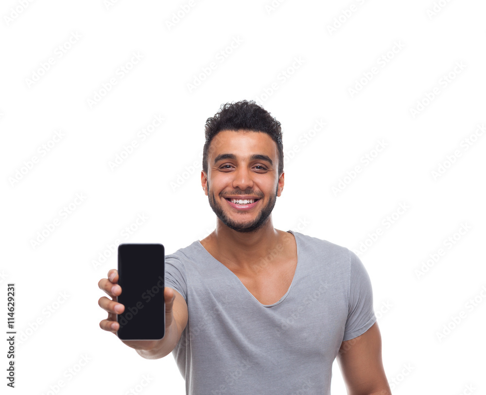 Casual Man Displaying Mobile Cell Smart Phone Casual Man Displaying Mobile Cell Smart Phone