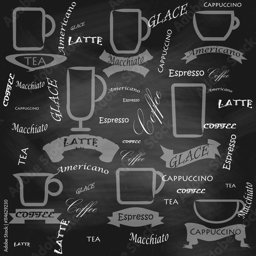 A set of food for the cafe, restaurant and fast food on paper stained in spots. Сoffee house