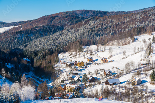 View of Wierchomla village from ski slope, Beskid Sadecki Mountains, Poland