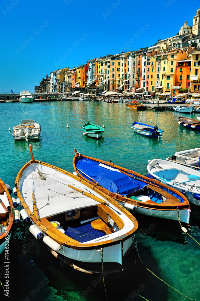 PortoVenere with colorful houses and boats