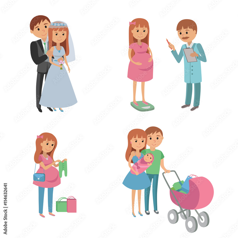 Set of wedding couple, pregnant parents, young family with baby. Set of wedding couple, pregnant parents, young family with baby.