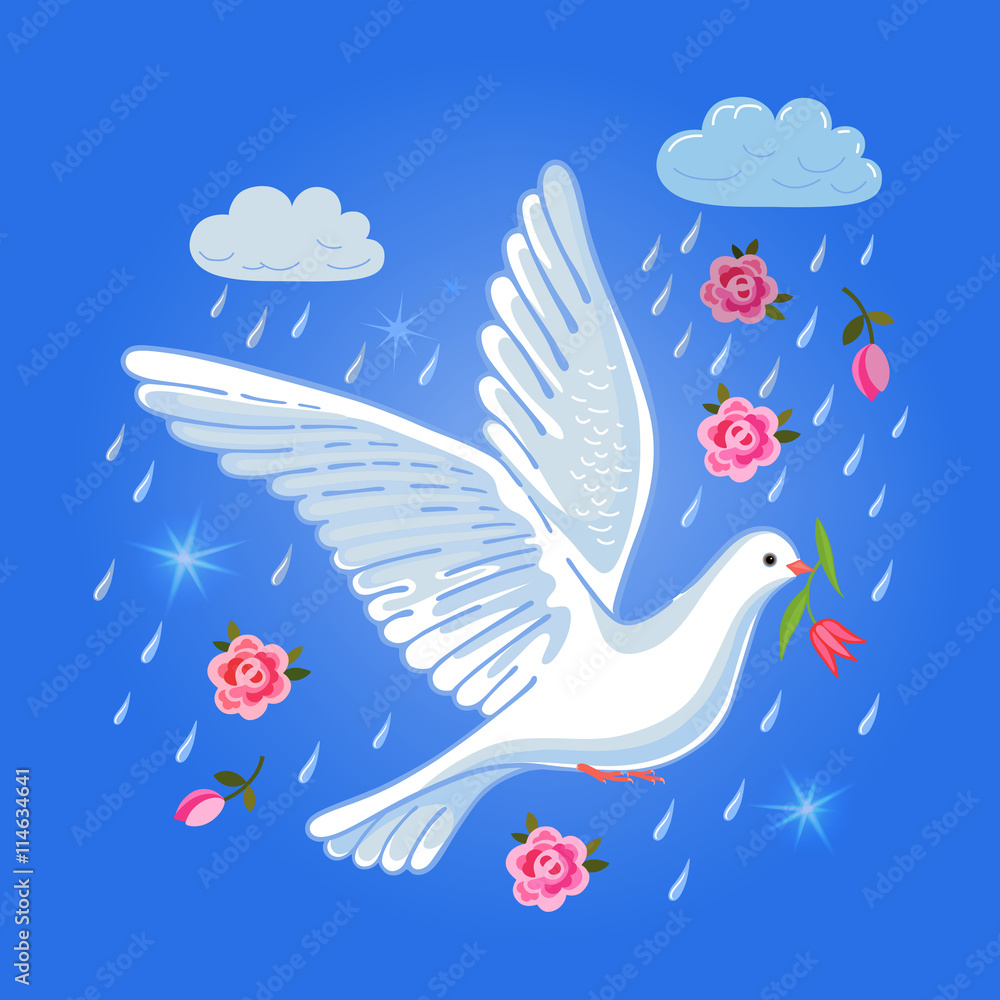 Obraz premium Soaring dove with flower in the clouds