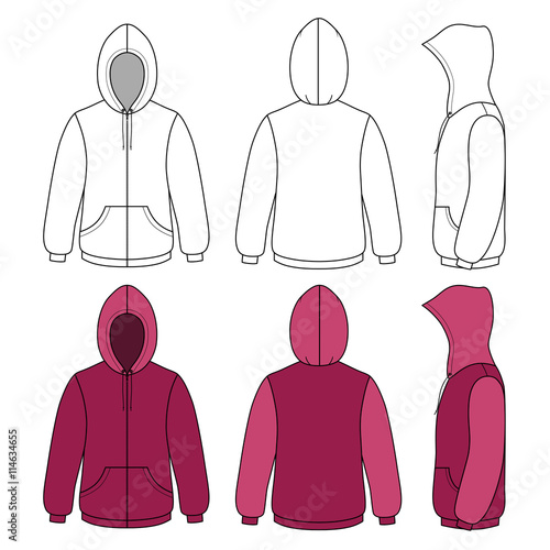 Unisex hoodie template (front, side & back outlined view)