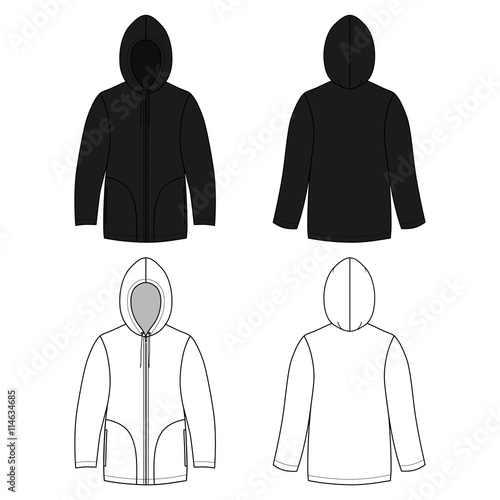Unisex black leather hoodie (front & back outlined view)