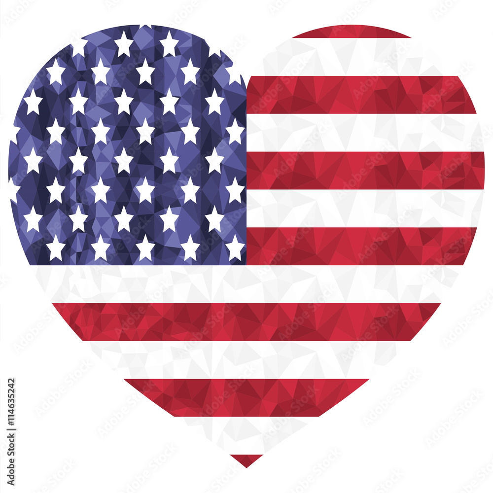 Fototapeta premium United States flag flags as a symbol of the independence day , American veterans , and symbol of patriotism in low poly art style in heart shape on white background 