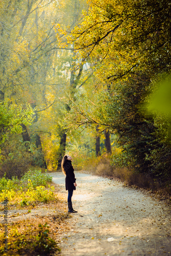 girl walks in beautiful autumn park