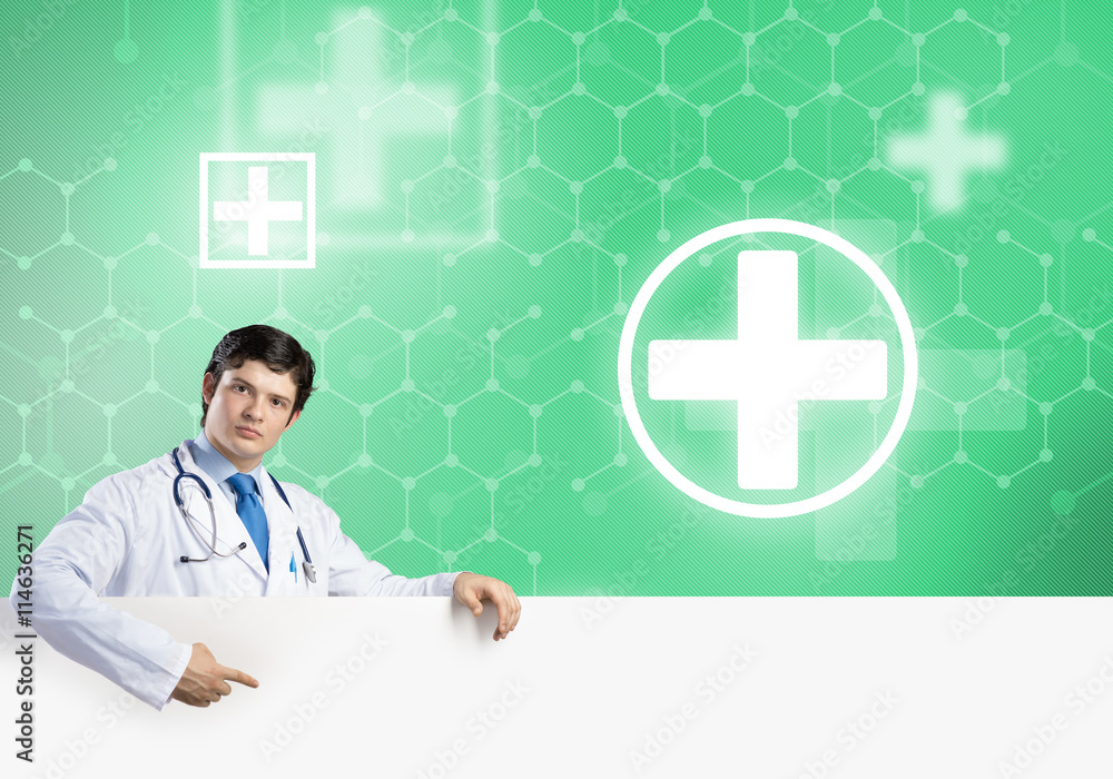 Doctor with banner Doctor with banner