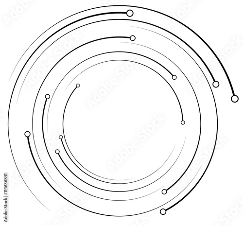 Concentric, radiating circles, lines with dots. Geometric elemen