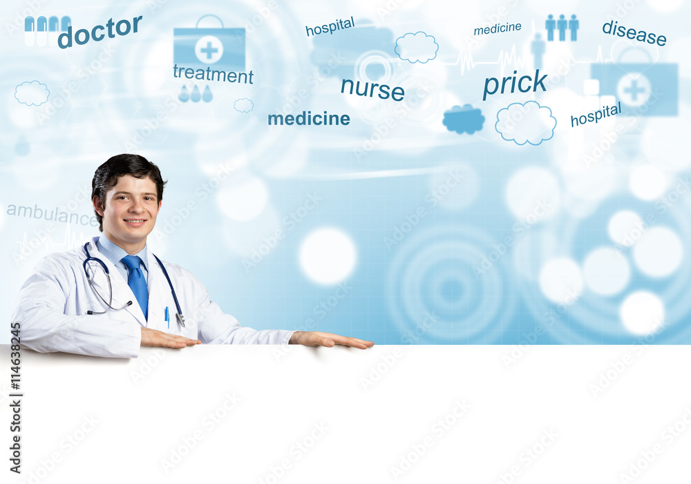 Doctor with banner Doctor with banner