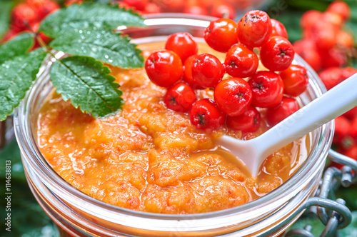Jar with home made rowan berries jam
