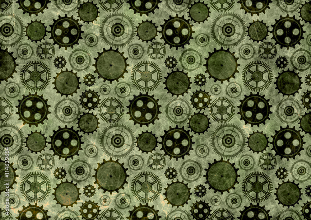 Hand drawn background with gear wheel.Abstract green grunge background with mechanism of watch. Texture with cracks, ambrosia, scratches, attrition.Series of Drawn Black and White Backgrounds.