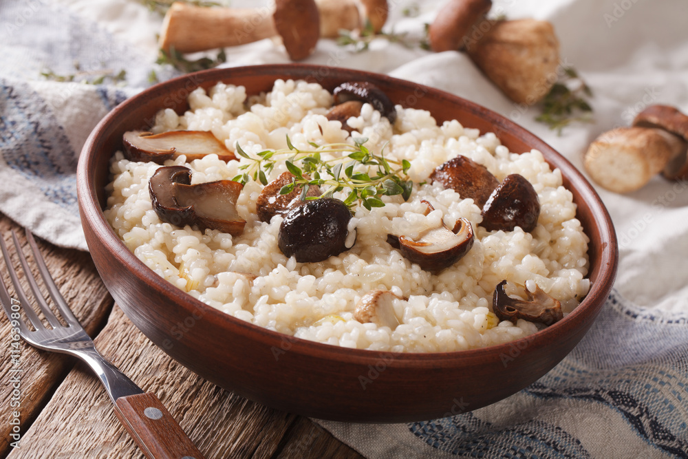 Italian rice with wild mushrooms close up on the table. Horizontal
Italian rice with wild mushrooms close up on the table. Horizontal