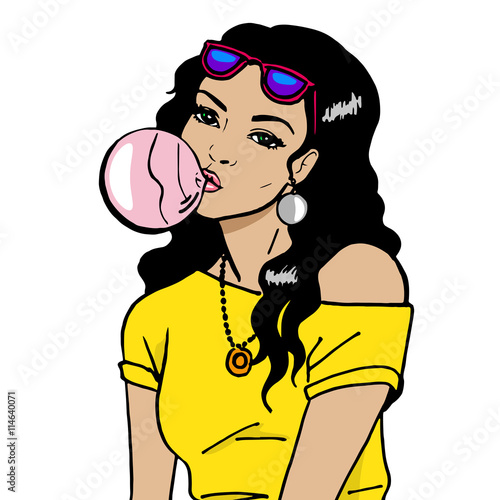 Beautiful girl blowing bubble from chewing gum