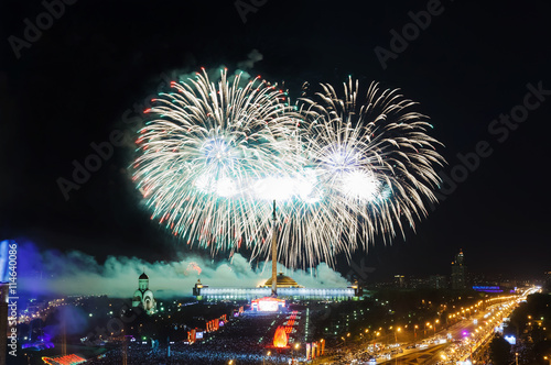 Bright fireworks explosions in night sky