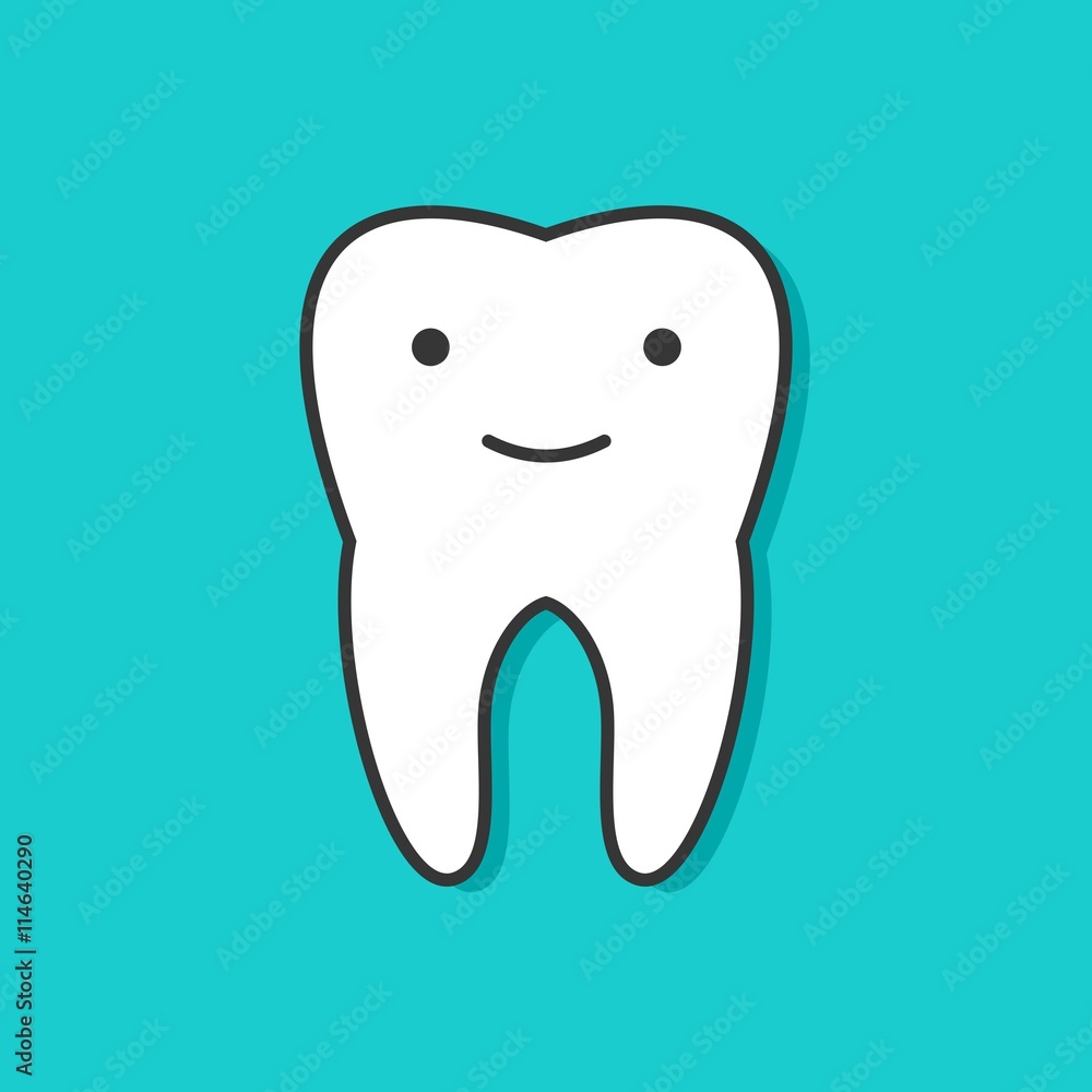 Happy tooth with face icon isolated on blue background. Health, medical or doctor and dentist children symbols. Oral care, dental icon clinic healthy white tooth in kids cartoon style. Happy tooth with face icon isolated on blue background. Health, medical or doctor and dentist children symbols. Oral care, dental icon clinic healthy white tooth in kids cartoon style.