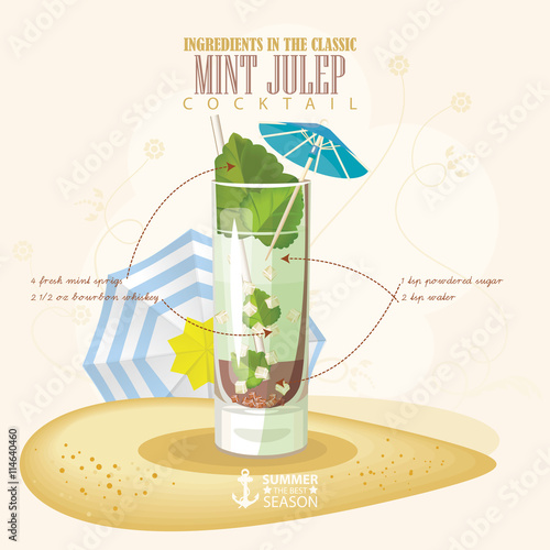 Vector illustration of popular alcoholic cocktail. Mint Julep club alcohol shot.