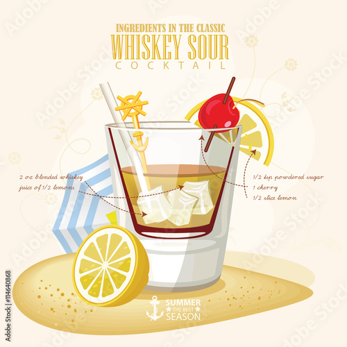 Vector illustration of popular alcoholic cocktail. Whiskey sour club alcohol shot.
