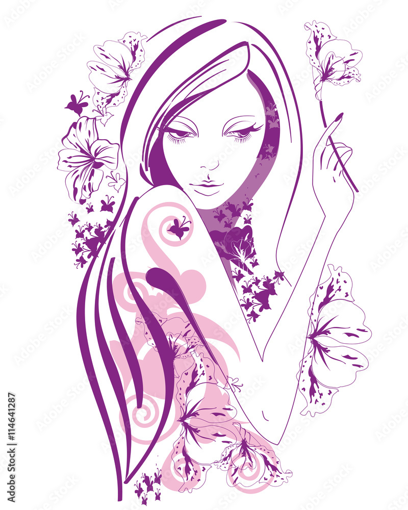 Abstract beautiful woman with flowers and butterflies in lines. Abstract beautiful woman with flowers and butterflies in lines.