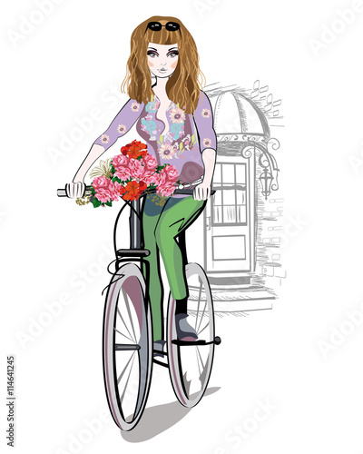 Fashion girl rides a bicycle the streets of the old town. Hand drawn illustration. 
