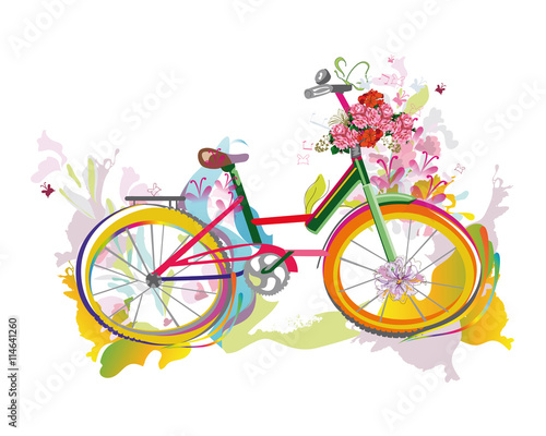 Bicycle with flowers, splashes, vector illustration.