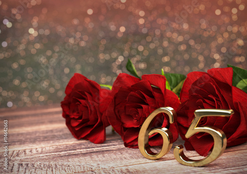 birthday concept with red roses on wooden desk. sixtyfifth. 65th. 3D render photo