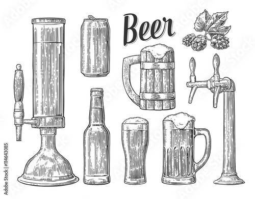 Beer class, can, bottle, barrel. Vintage vector engraving illustration for web, poster, invitation to beer party. Hand drawn design element isolated on white background