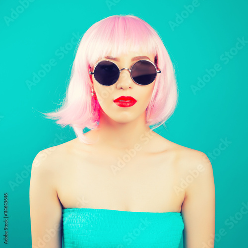 beautiful woman wearing pink wig