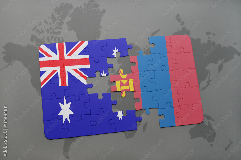 puzzle with the national flag of australia and mongolia on a world map ...