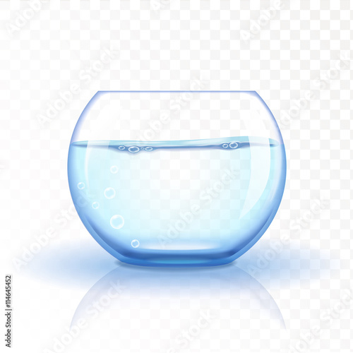 Realistic glass fishbowl, aquarium with water on transparent background.