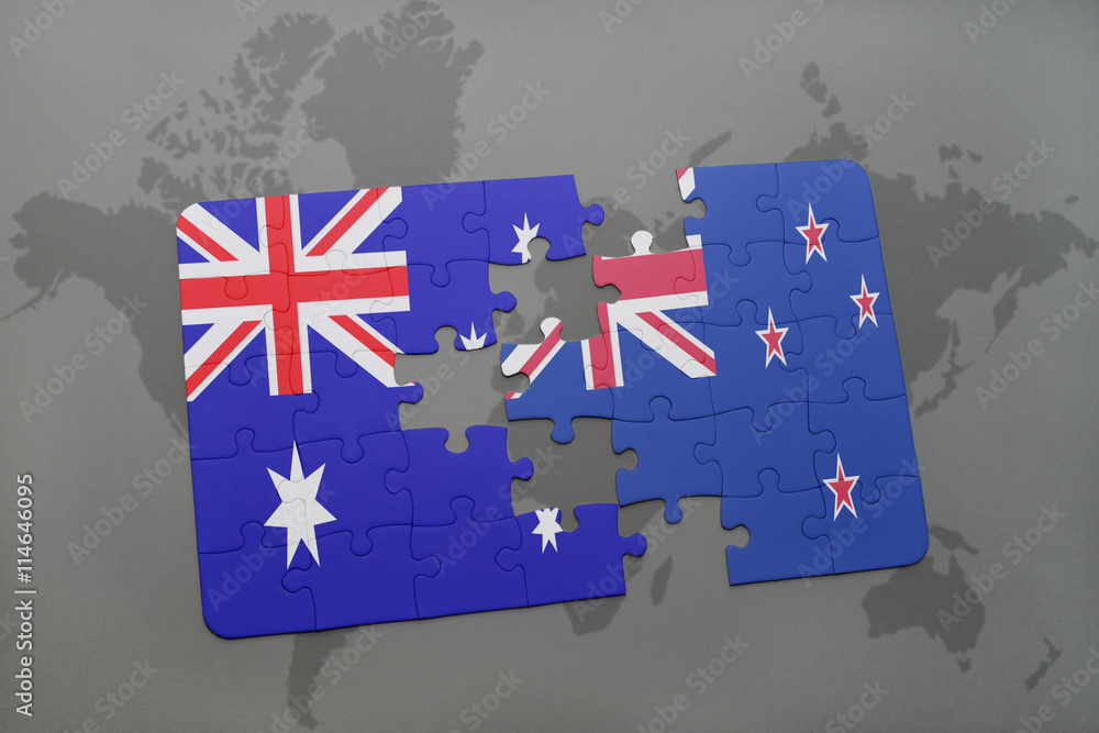 puzzle with the national flag of australia and new zealand on a world ...