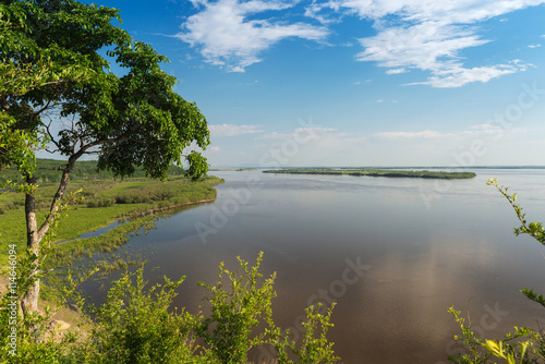 Magnificent views of the valley of the Amur River. Panorama Amur River