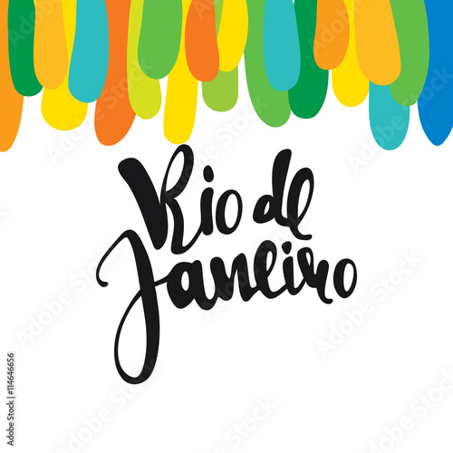 Rio de Janeiro inscription, background colors of the Brazilian flag. Calligraphy handmade greeting cards , posters phrase Rio de Janeiro. Background watercolor brush , Brazil carnival