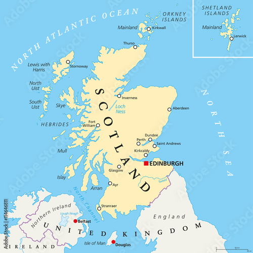Independent Scotland political map with capital Edinburgh, national borders and important cities. Fictive map of Sotland as independent sovereign state after leaving United Kingdom. English labeling.