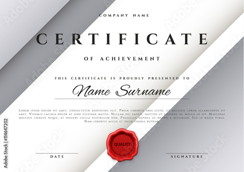 Template certificate design in silver color. Award certificate in a flat style. Diploma frame awarding, with red sealing wax. Border background certificate. Premium certificate template