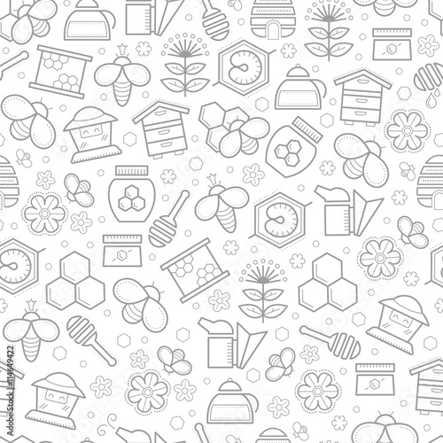 Seamless honey pattern with stroked beekeeping signs - honey bees, bee cells, beehives, honey ladle and flowers