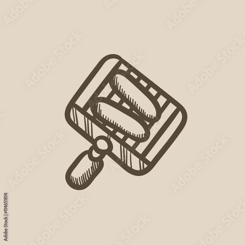 Grilled sausage on grate for barbecue sketch icon.